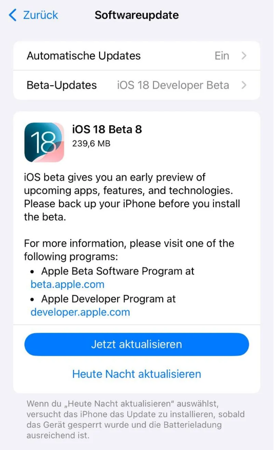 漳浦苹果手机维修分享苹果 iOS / iPadOS 18 开发者预览版 Beta 8 发布 